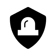 Logo Patrulhai, fundo branco com um escudo preto uma sirene branca em cima do escudo